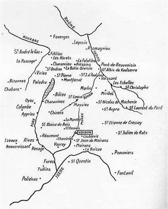 Carte 3–La nébuleuse toilière voironnaise en 1787.