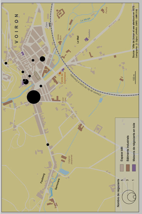 Plan 6–Les négociants en toiles à Voiron en 1817. Le plan qui a servi à réaliser cette carte, remonte à 1870 : il mentionne la voie ferrée, l’église Saint-Bruno et des bâtiments industriels qui n’existaient pas en dans la première moitié du XIX