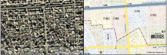 Figure 7. Trames orthogonales dans le quartier de Shin Ôhashi, à l’extrême nord de l’arrondissement de Kôtô. (plan et photo aérienne correspondante) 