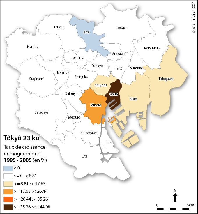 Figure 50 : Le repeuplement du centre de Tôkyô entre les recensements de 1995 et 2005.