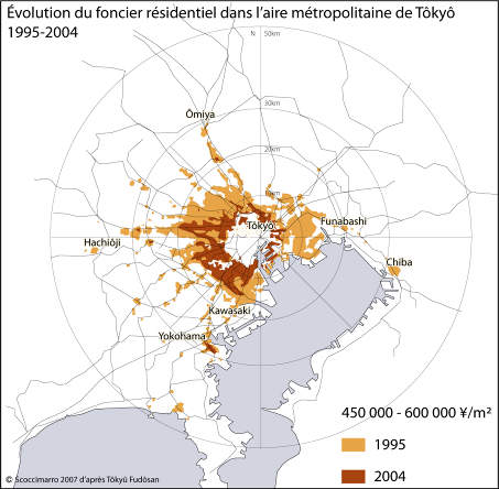 Figure 66 : La contraction spatiale des prix fonciers de 450 et 600 mille yen/m² à Tôkyô entre 1995 et 2004
