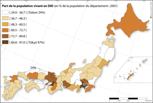 Figure 12 : Part de population vivant en DID (zones d’une densité de 4000 h/km2 et peuplées de plus de 5000 h.) par département.
