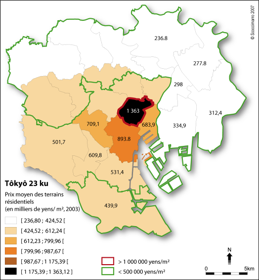 Figure 22 : Prix moyen des terrains résidentiels dans les 23 arrondissements de Tôkyô.