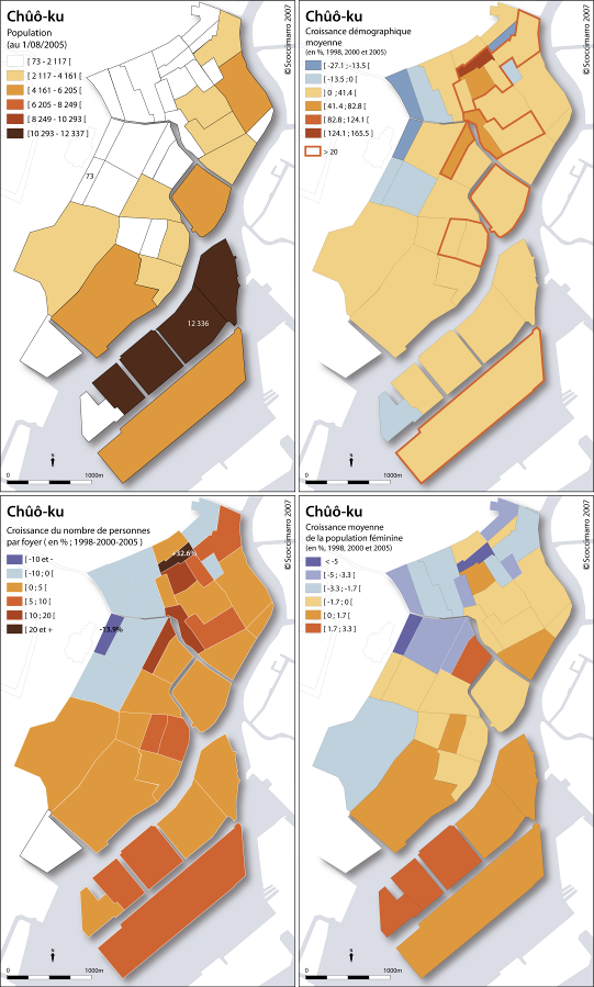 Figure 61 : Croissance démographique moyenne et répartition de la population au sein de l’arrondissement de Chûô.