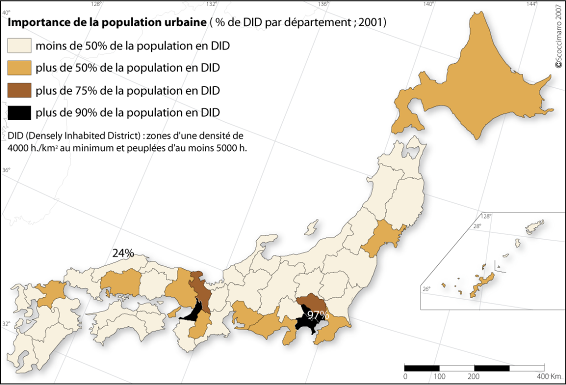 Figure 10 : Importance de la population urbaine (zone en DID) par département.