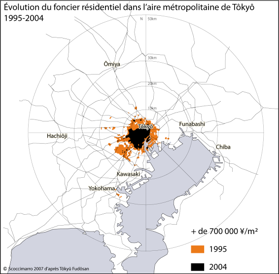 Figure 27 : Contraction des hautes valeurs foncières entre 1995 et 2004 dans l’aire métropolitaine de Tôkyô.