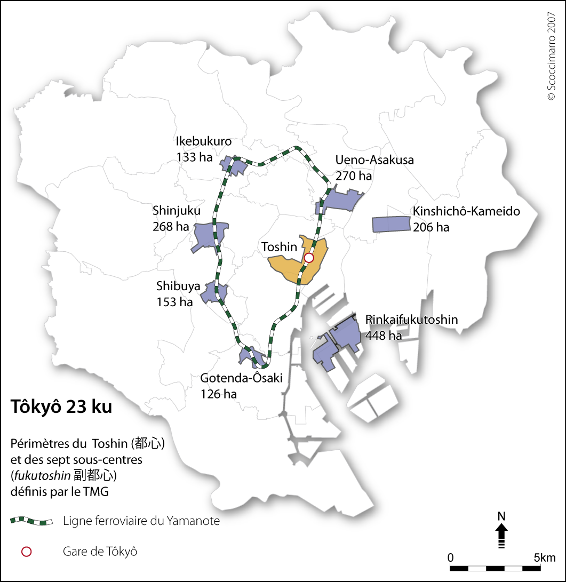 Figure 29 : Localisation des périmètres du Toshin et des Fukutoshin dans les 23 arrondissements de Tôkyô (source : TMG)
