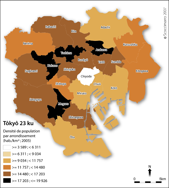 Figure 26 : Les densités de population dans les 23 arrondissements centraux de Tôkyô en 2005.