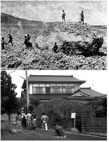 Photo 3-3 – Une zone d’aléa rattrapée par l’urbanisation : bloc de lave charrié par un lahar au mont Bandai dans son contexte, à un siècle d’intervalle (1888 et 1988)
