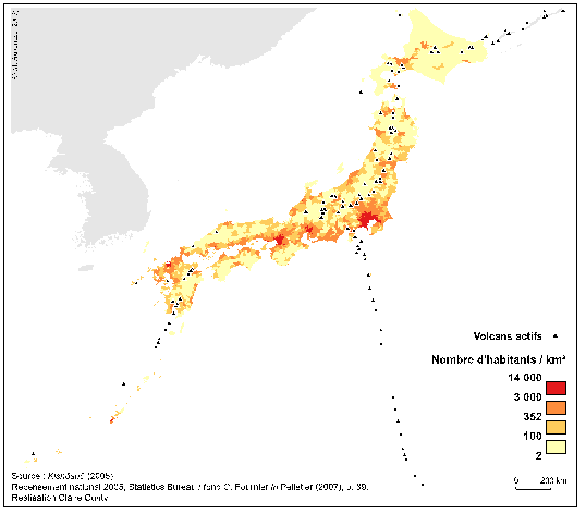 Carte 3-1 – Volcans actifs et densités de peuplement en 2005