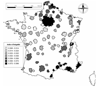 Carte 3 : Inégalités de revenu des ménages par UC sur les 100 plus grandes aires urbaines françaises