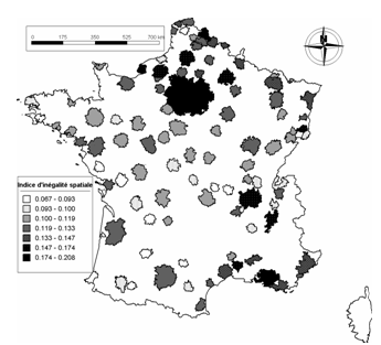 Carte 2 : Inégalités spatiales sur les 100 plus grandes aires urbaines françaises