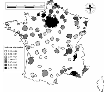 Carte 4 : Niveau de ségrégation sur les 100 plus grandes aires urbaines françaises