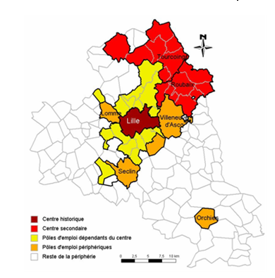 Carte 6 : Polarités secondaires à Lille mesurées par les migrations alternantes
