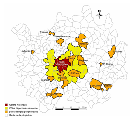 Carte 8 : Polarités secondaires à Lyon mesurées par les migrations alternantes
