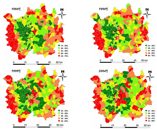 Carte 9: Pourcentage des foyers fiscaux non imposés par commune et leur évolution entre 1984 et 2004 dans l’aire urbaine de Lyon