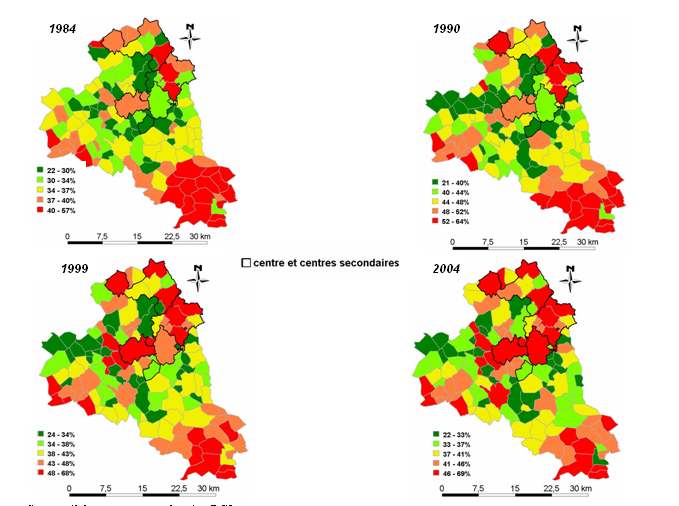 Carte 11 : Pourcentage des foyers fiscaux non imposés par commune et leur évolution entre 1984 et 2004 dans l’aire urbaine de Lille