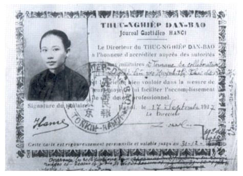 Ci-dessus est la carte de journaliste de Huynh Thi Bao Hoa, née Huynh Thi Thai en 1896. Source : THY HAO TRUONG DUY HY, 