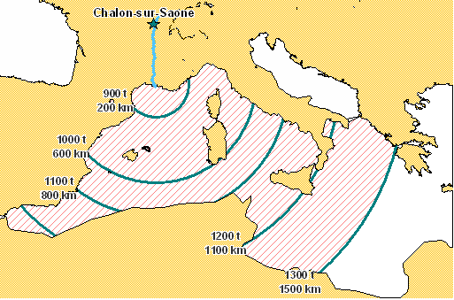 Carte 9 : Zone de pertinence du navire FM3 au départ de Chalon, pour une réduction de coût de 10%.
