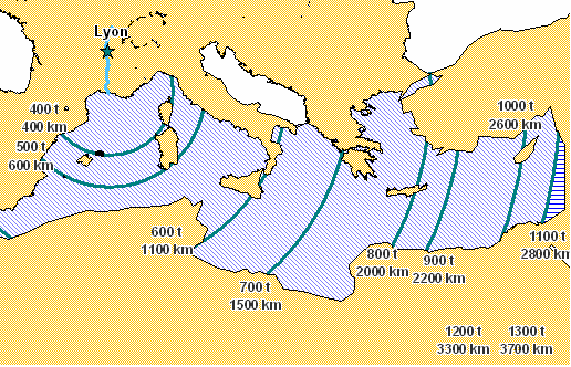 Carte 4 : Zone de pertinence du navire FM1 au départ de Lyon.