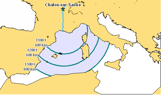 Carte 7 : Zone de pertinence du navire FM2 au départ de Chalon.