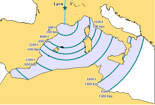 Carte 8 : Zone de pertinence du navire FM3 au départ de Lyon.