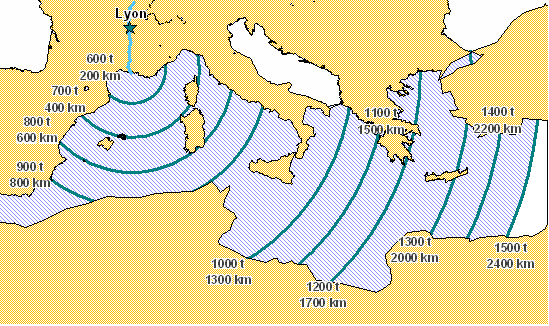 Carte 6 : Zone de pertinence du navire FM2 au départ de Lyon.