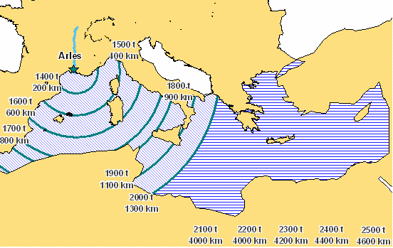 Carte 10 : Zone de pertinence du navire FM3 au départ d’Arles avec un jour de repositionnement maritime.
