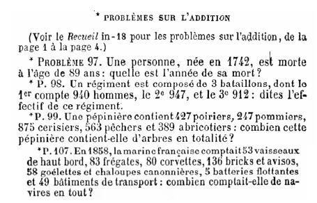 Figure 8 : Problèmes sur l’addition : Nouveau traité d’arithmétique décimale (F.P.B., 1836, p. 19)