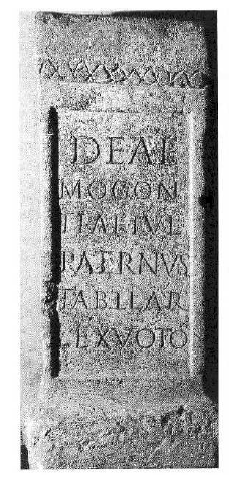 Fig. 34: Altar dedicated to the goddess Mogontia, discovered in the area of Le Sablon (Metz). In the Museum of Metz. 