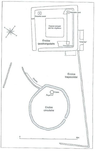 Fig. 11: Map of the quadrangular and polygonal enclosures of the Gaulish war sanctuary of Ribemont-sur-Ancre (Somme). Brunaux, 2004, p. 115, fig. 52.