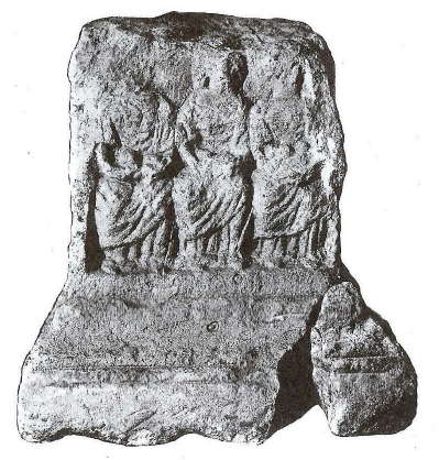 Fig. 13: Mutilated altar representing Mother Goddesses with baskets of fruit, discovered in Fourvière (Lyons, Rhône). In the Gallo-Roman Museum of Lyons. 