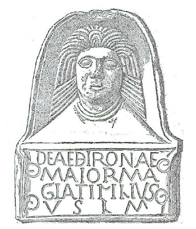 Fig. 58: Bust of Sirona combined with an inscription honouring her, discovered at Sainte-Fontaine (Moselle). Robert, 1879, p. 136.