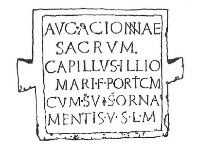 Fig. 32: Dedication to Acionna discovered at the Fontaine l’Etuvée, near Orléans (Loiret). The stele* was housed in the Musée Historique et Archéologique de l’Orléanais in Orléans, but disappeared and is now lost. A cast of the inscription was taken in 1979 from a lithograph drawn by Jollois and is now in the same museum. Debal, 1996, p. 62.