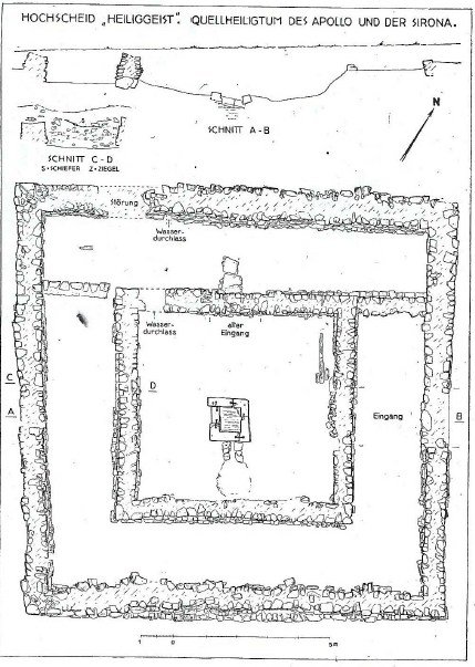 Fig. 56: Drawing of the water sanctuary of Hochscheid (Germany) dedicated to Apollo and Sirona. The spring is harnessed inside a small basin situated in the middle of a cella* surrounded by a portico. Dehn, 1941, p. 108, fig. 2.