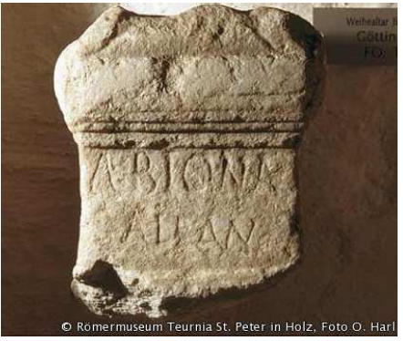 Fig. 47: Fragment of altar dedicated to Abiona from in Sankt Peter in Holz, Austria. (Source: Römermuseum Teurnia by O. Harl, 2002.) Glaser, 1992, p. 68, n°51.