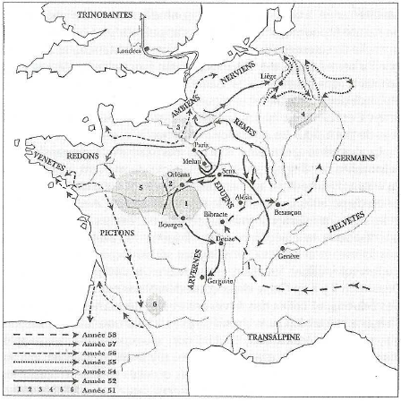 Fig. 6: Map of the Roman invasion of Gaul by Julius Caesar (the ‘Gallic Wars’) from 58 BC to 51 BC. Brunaux, 2005, p. 46.