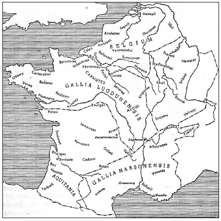 Fig. 7: Map of Roman Gaul after Julius Caesar’s Gallic Wars. De Vries, 1963, p. 17, fig. 2.