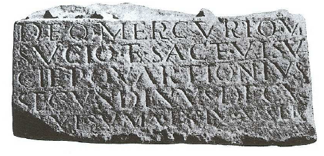 Fig. 32: Socle with the remains of the feet of two deities, bearing an inscription to Mercurius Visucius and Visucia. In the Museum of Stuttgart. 