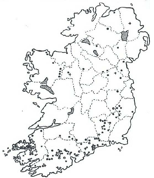 Fig. 2: Analytical map of the repartition of Ogamic inscriptions in Ireland. [Black circles: single stone; crosses: group of 2-5 stones; white circles: group of 5 stones or more.] Melmoth, 1996-1997, p. 18.