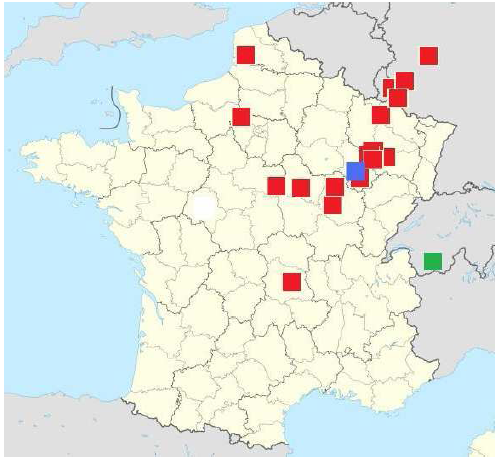 Fig. 34: Map showing the distribution of the cult of the Goddesses of Bounty: Rosmerta (in red), Cantismerta (in green) and Atesmerta (in blue) (Source: N. Beck).