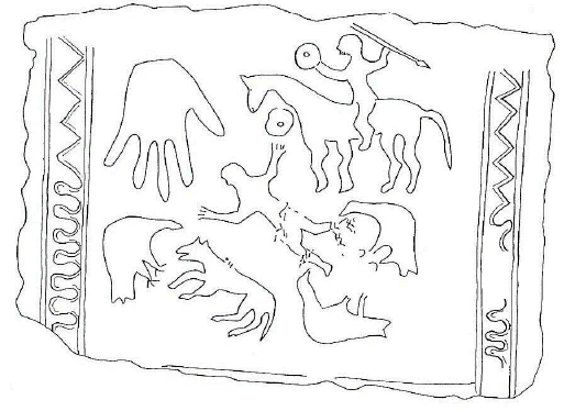 Fig. 8: Facsimile of the stele* from El Palao, in the Alcañiz region (Teruel), Spain, depicting a scene of war: a dead warrior is being devoured by two crows. Brunaux, 2004, p. 119, fig. 54.