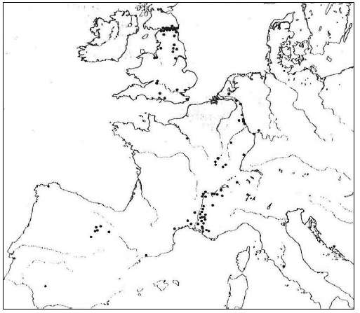 Fig. 5: Map of the votive inscriptions dedicated to the Matres. Rüger, 1987, p. 7, fig. 3.