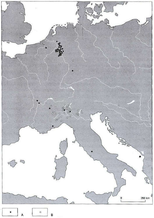 Fig. 6: Map showing the distribution of the dedications to the Matronae with and without epithets. ). A. Matronae with epithets. B. Matronae without epithets. Derks, 1998, p. 129, fig. 3.19 (after Rüger, 1987, fig. 1 and fig. 2).