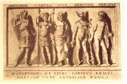 Fig. 49: Inaccurate drawing of the lost relief* from Rome, originally depicting Saturnus, Mars, Jupiter, Mercury and Hercules. Krüger, 1917, p. 11, fig. 8.