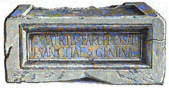 Fig. 19: Base of buff sandstone dedicated to the Matres Parcae from Carlisle (Cumbria). In Carlisle Museum