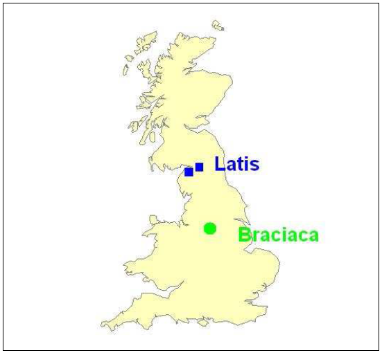 Fig. 14: Map of the inscriptions dedicated to British Goddesses of Intoxication: Latis and Braciaca.