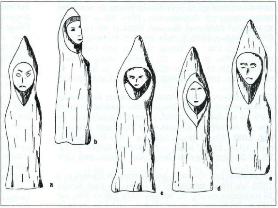 Fig. 53: Drawings of the wodden statues representing pilgrims wearing the hooded bardocucullus* found at the spring of the Pré-Martin in Luxeuil. Deyts, 1983, plate XC.