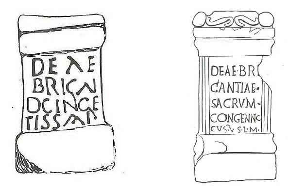 Fig. 56: Left: Inscription to the Goddess Brigantia by a Celtic woman named Cingetissa discovered at Adel (Yorkshire). In the coach house, Adel Church. Cast in the Yokshire Museum. 