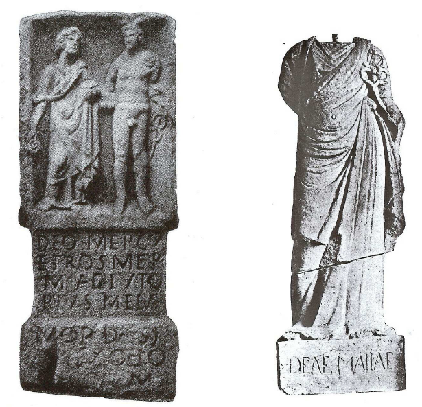 Fig. 30: Left: Stele* from Eisenberg with figuration and inscription. In the Museum at Spire. H.0.90m. 